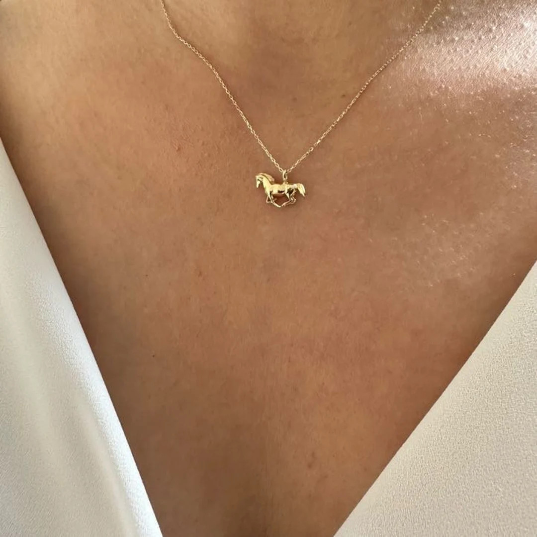14K Gold Horse Necklace, Solid Gold Running Horse Pendant, Graduation Gifts, Good Luck Necklace, ... | Etsy (Global)
