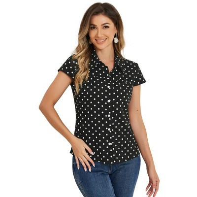 INSPIRE CHIC Women's Short Sleeve Vintage Polka Dots Button Up Blouse X-Small Black | Target
