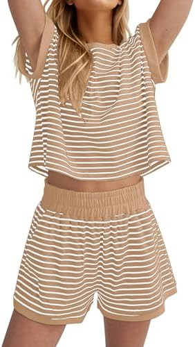 MISSACTIVER 2 Piece Lounge Set Women Stripe Knit Short Sleeve Tee Shirts Shorts Casual Summer Lou... | Amazon (US)