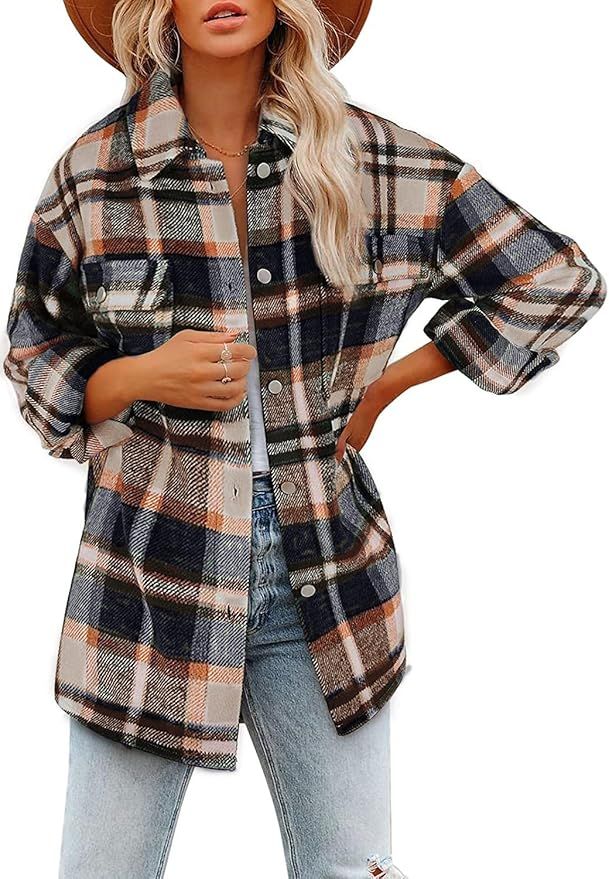 Beaully Women's Flannel Plaid Jacket Long Sleeve Button Down Chest Pocketed Shirts Coats Shacket | Amazon (US)