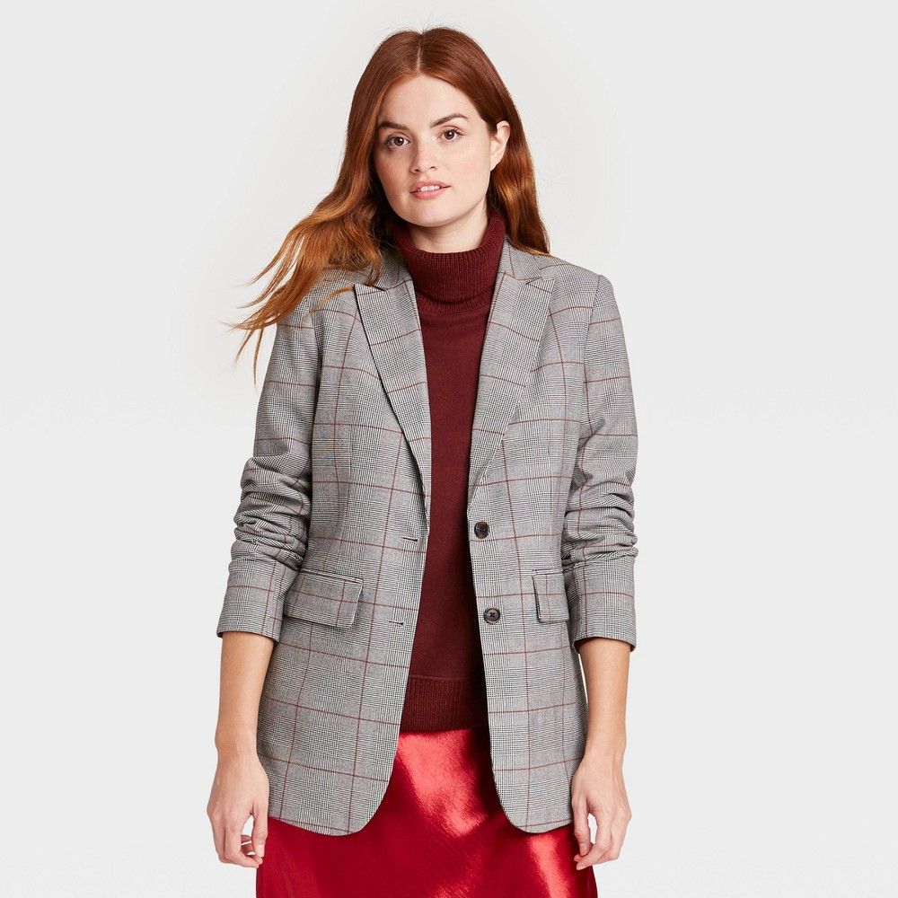 Women's Plaid Button-Front Blazer - A New Day Gray L | Target