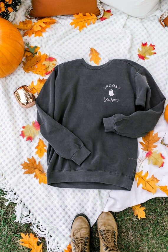 Spooky Season Comfort Colors Halloween Ghost Black Embroidered Crewneck Sweatshirt or T-shirt, PS... | Etsy (US)