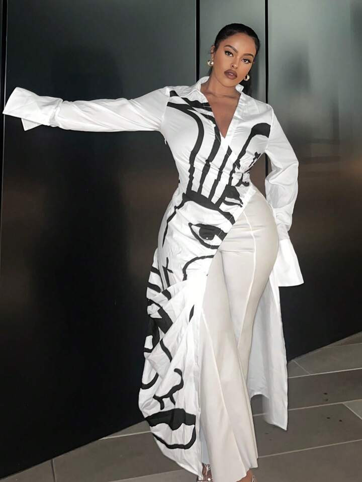 SHEIN Slayr Plus Size Women's Eyelash Print Asymmetrical Hem V-Neck Top | SHEIN