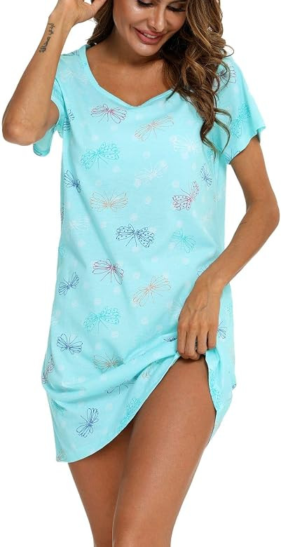 ENJOYNIGHT Womens Nightgowns Cotton Sleepwear Plus Size Sleep Shirt Short Sleeve Nightshirt Print... | Amazon (US)