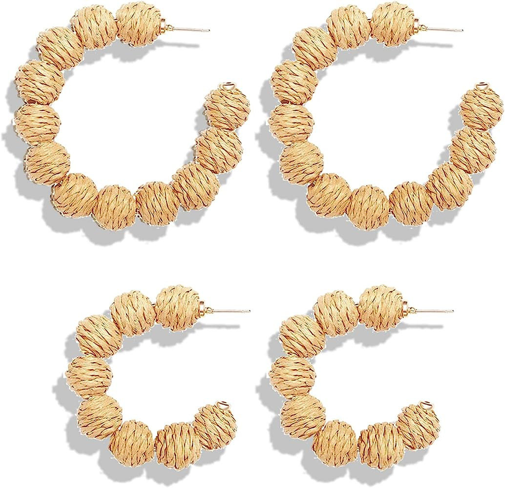 Rattan Earrings for Women Rattan Hoop Earrings Handmade Woven Straw Wicker Earrings Bohemian Stat... | Amazon (US)