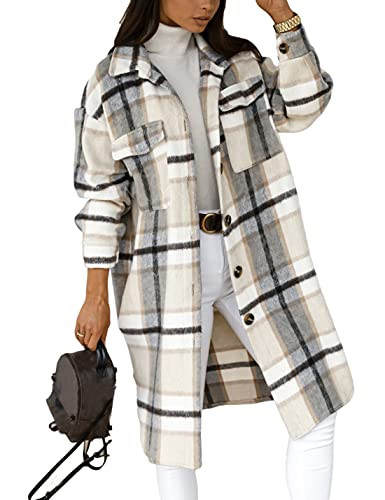 PUWEI Women's Long Flannel Plaid Jacket Shacket Cozy Lapel Button Down Shirt Jacket Fuzzy Trench ... | Amazon (US)