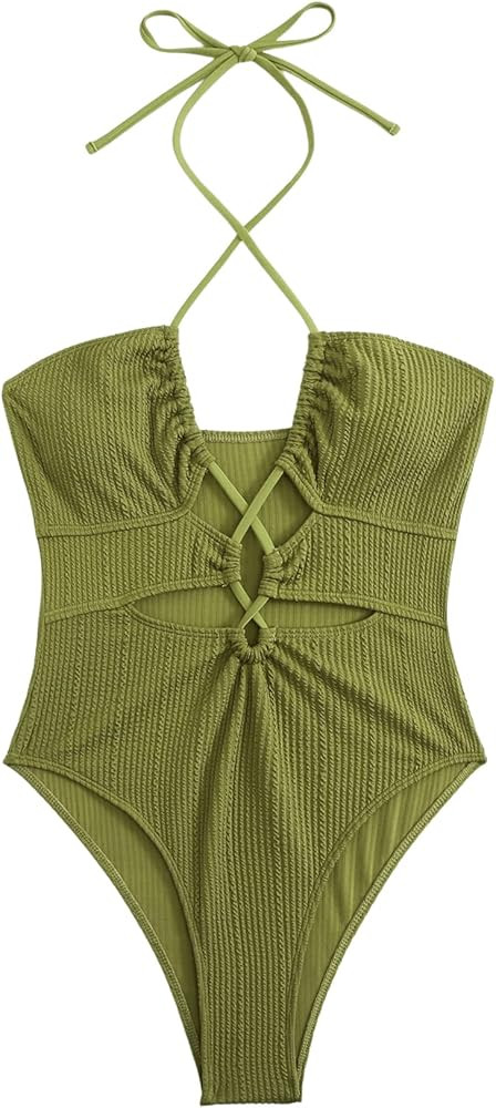 SweatyRocks Women's Criss Cross Tie Back Halter Monokini Swimsuit One Piece Cut Out Tummy Control... | Amazon (US)