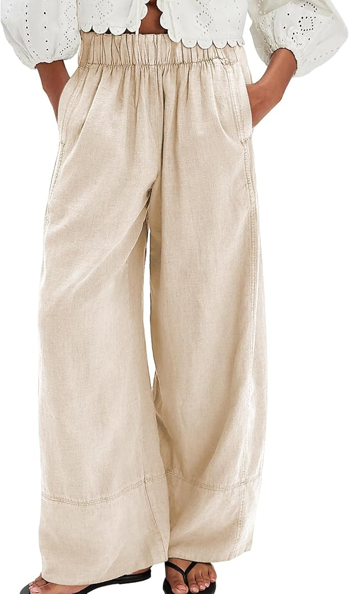 Linen Pants for Women Cotton Baggy Boho Casual Palazzo Pants Wide Leg Long Lounge Trousers with P... | Amazon (US)