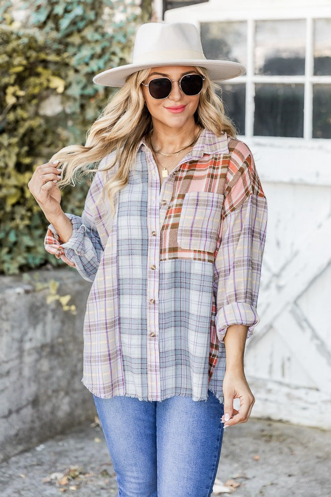 No Comparison Color Block Plaid Button Up Blouse | Pink Lily