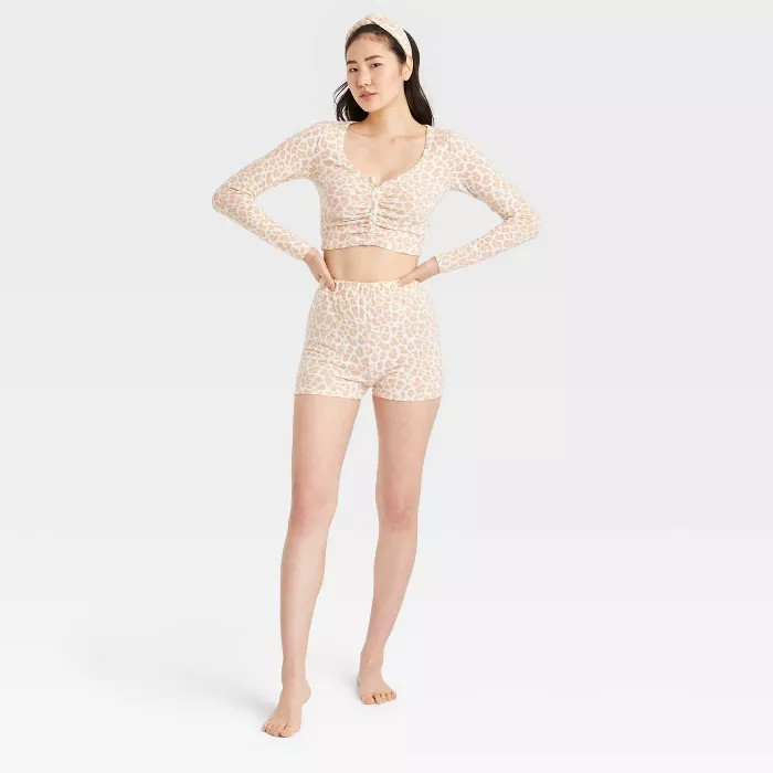 Women's 3pc Leopard Print Headband and Pajama Set - Colsie™ Off-White XS | Target