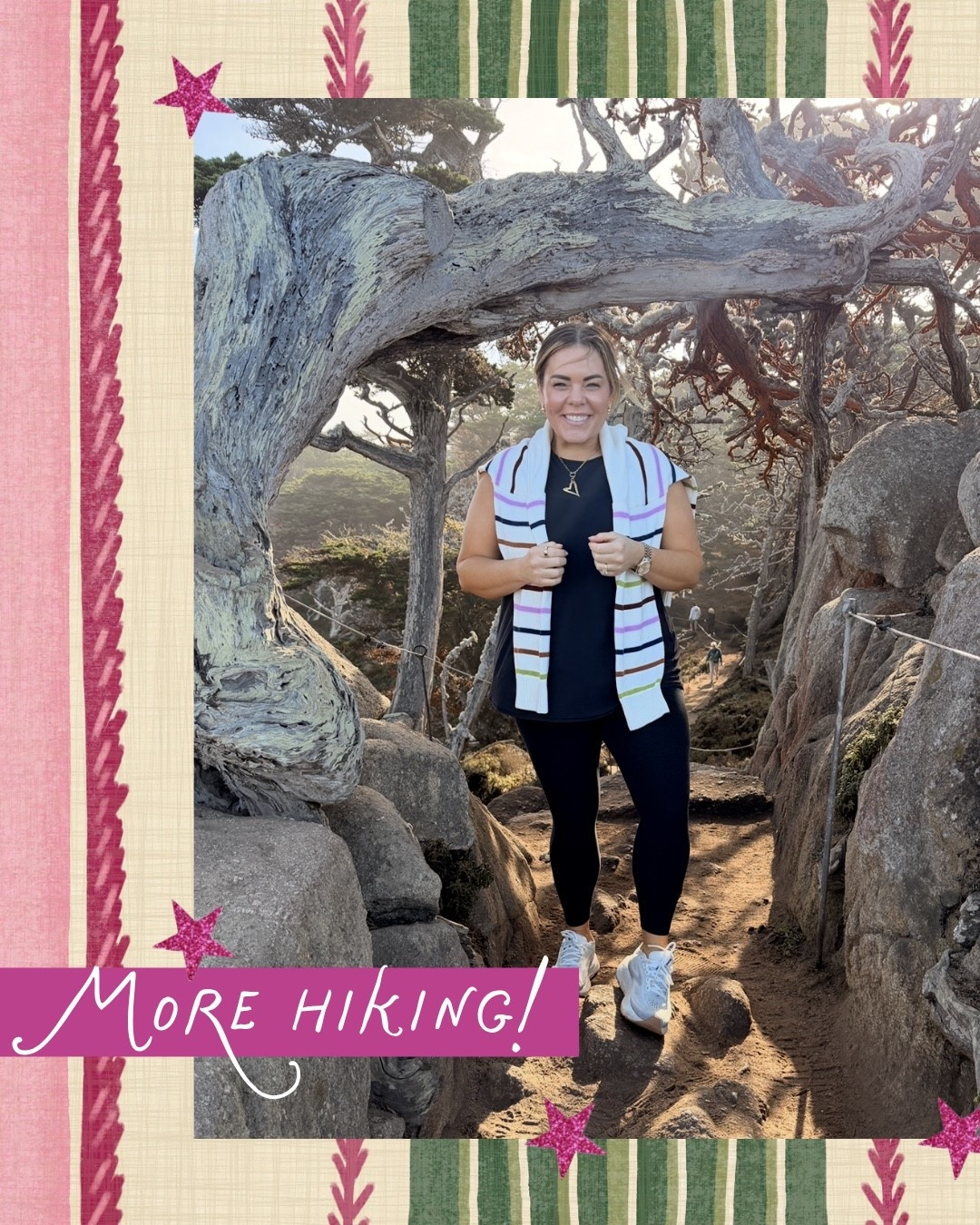 Another day in Carmel, another excuse to wear a cute and comfy outfit! 🌿 I kept things simple with black leggings, sneakers, and a colorful striped sweater draped over my shoulders. The perfect combination for exploring the beautiful trails and taking in all the scenery!

#LTKDayInMyLife #LTKOOTD #LTKSeasonal