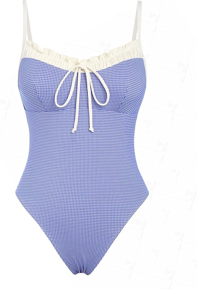 seamoly Blue Gingham Tie Around Criss Cross Backless Plunging Neck One-Piece Swimsuit | Amazon (US)