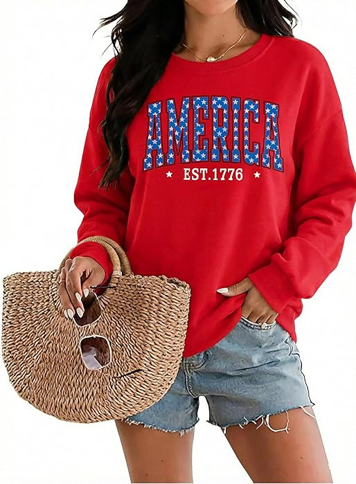 DUTUT American Flag Sweatshirt Women 4th of July Shirts Long Sleeve Crewneck Graphic USA Sweatshi... | Amazon (US)