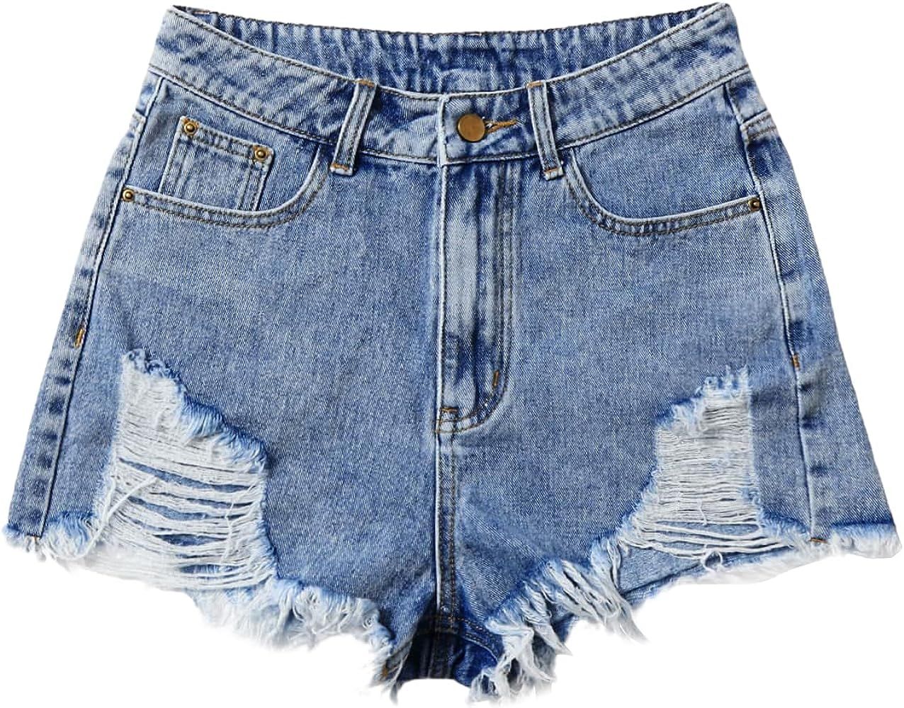 WDIRARA Women's High Waisted Raw Hem Distressed Ripped Casual Denim Shorts | Amazon (US)