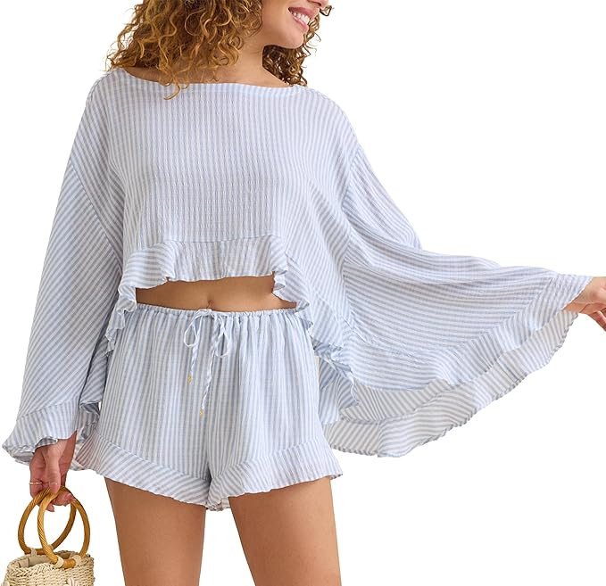 Womens Summer 2 Piece Outfit Striped Boho Poncho Cover Up Top Ruffle Shorts for Beach Vacation Lo... | Amazon (US)