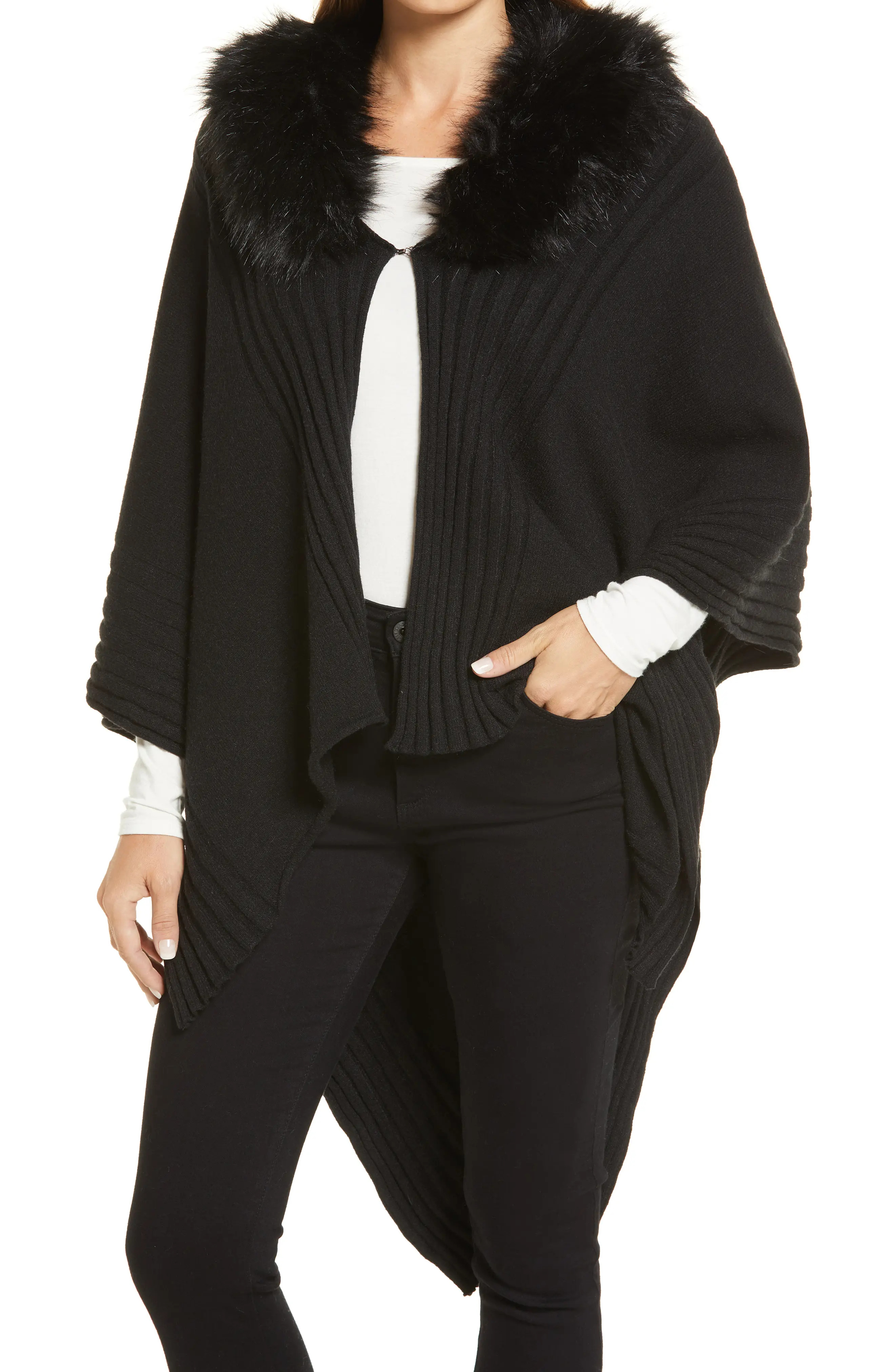 La Fiorentina Rib Ruana with Faux Fur Collar in Black at Nordstrom | Nordstrom