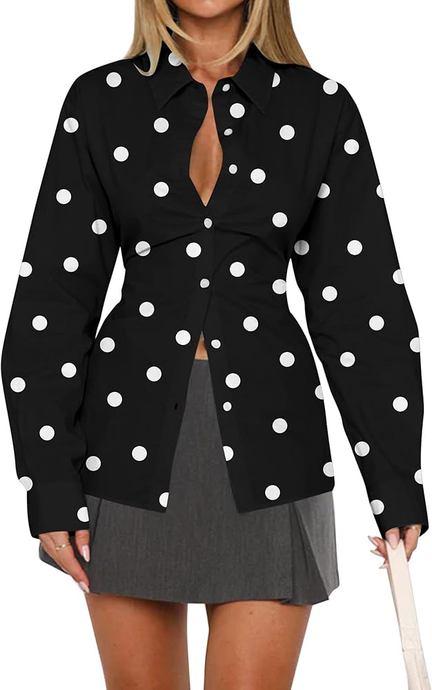 MISSACTIVER Women's Lapel Collar Button Down Shirt Cinch Waist Long Sleeve Casual Work Dressy Tun... | Amazon (US)