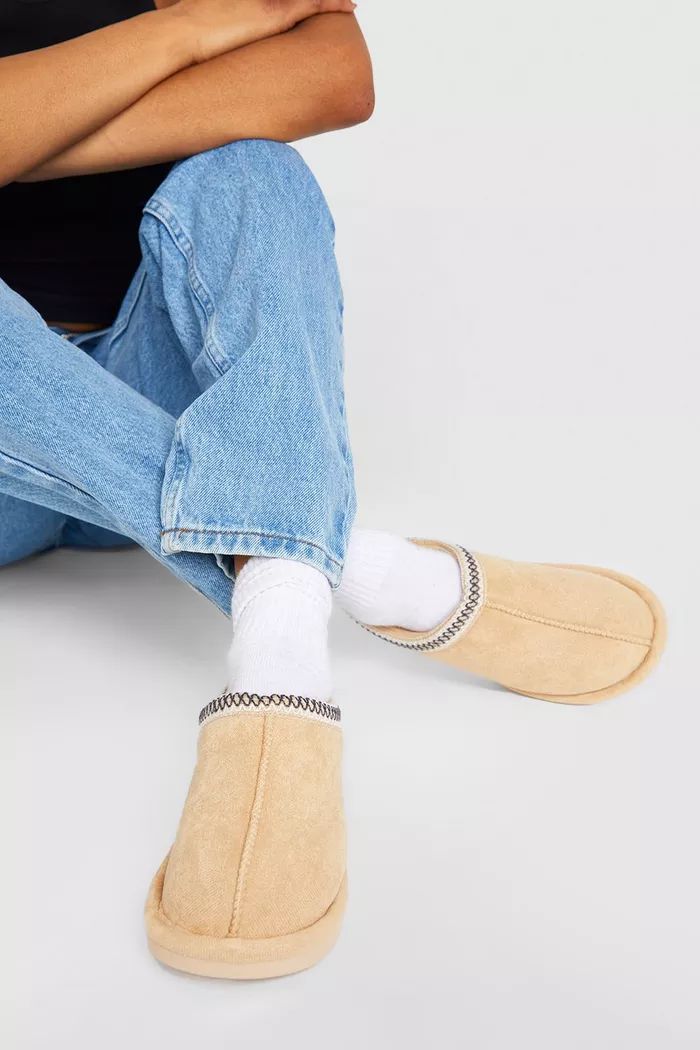 Embroidered Slip On Cozy Mules | boohoo (US & Canada)