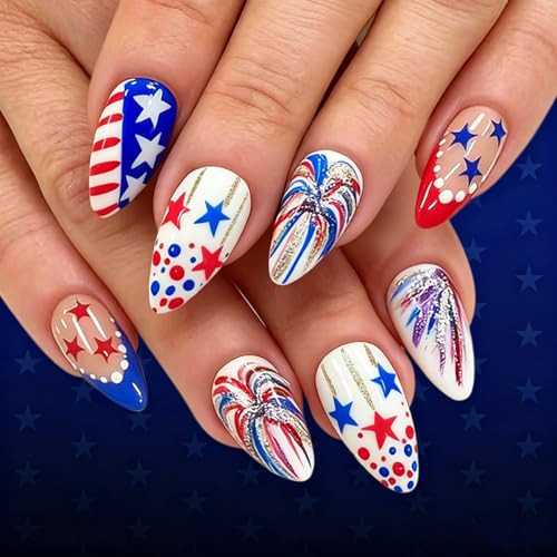 4th of July Press on Nails Medium Almond Fake Nails with Star and Fireworks Designs Red White Blue Nails Press ons Patriotic Theme Glue on Nail Independence Day Stick on Nails for Women 24Pcs | Amazon (US)
