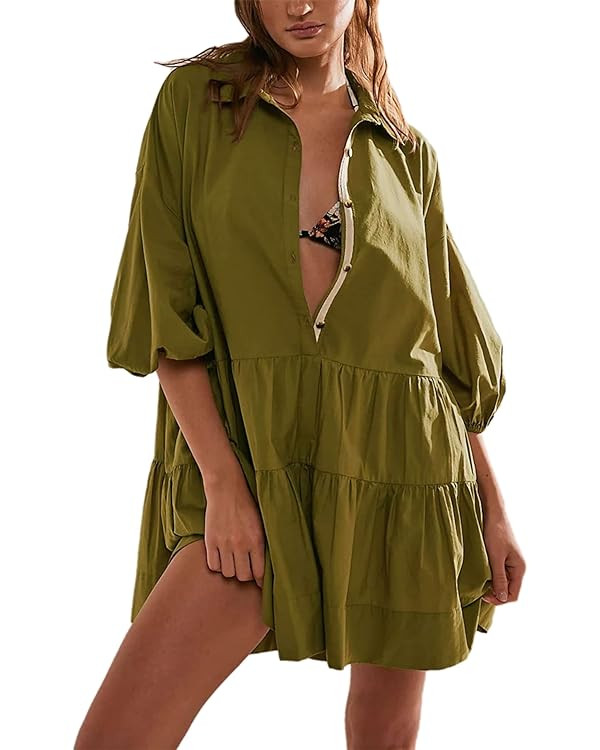Mingzhu Womens Summer Tiered Puff Sleeve Shirtdress Flowy A-line Babydoll Mini Dress | Amazon (US)
