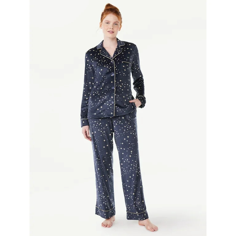 Joyspun Women’s Stretch Velour Notch Collar Top with Pants, 2-Piece Pajama Set, Sizes S to 3X | Walmart (US)