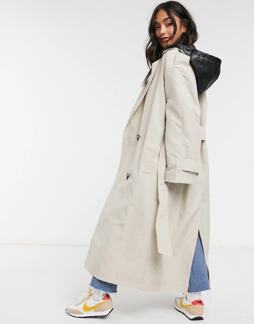ASOS DESIGN trench coat with detachable leather look hood in stone-Neutral | ASOS (Global)