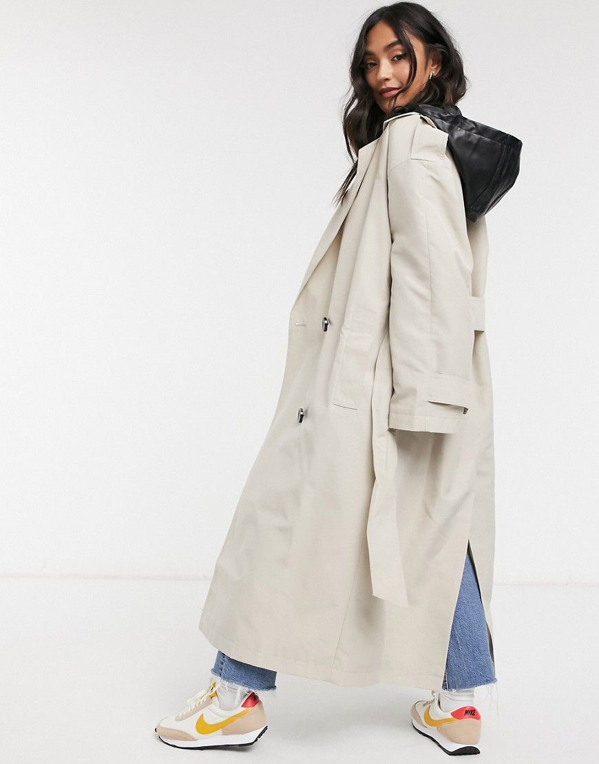 ASOS DESIGN trench coat with detachable leather look hood in stone-Beige | ASOS (Global)