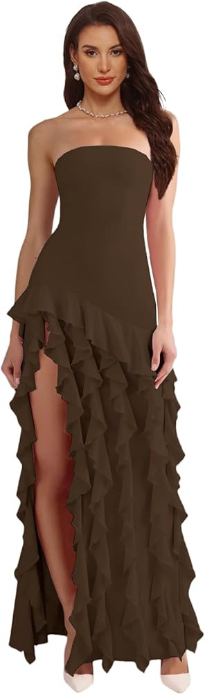 Ruffles Prom Dresses for Women Strapless Asymmetrical Formal Party Gowns Long Evening Gown with S... | Amazon (US)
