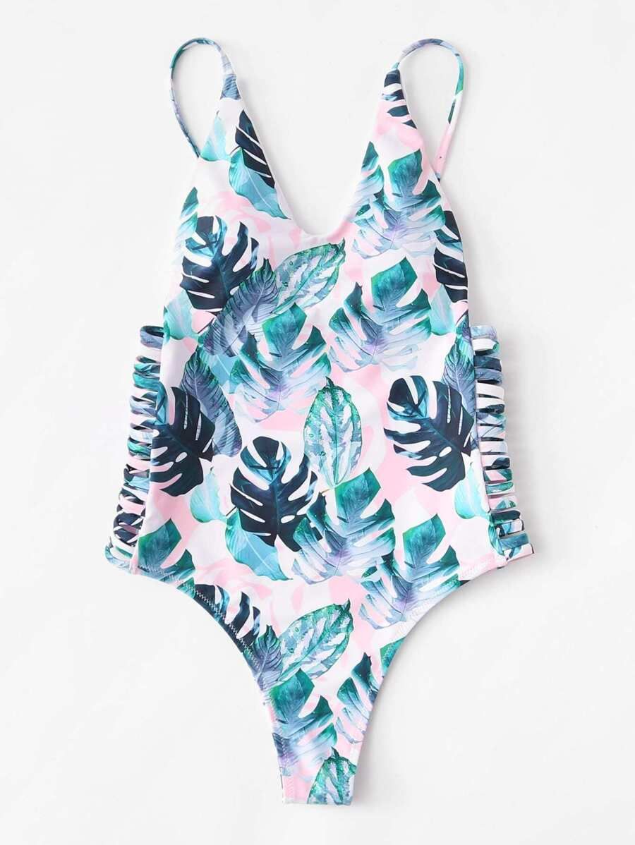 Ladder Cut Out Side Palm Print Swimsuit | SHEIN