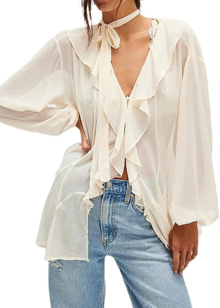 UAURORAO Women Ruffle Sheer Top Long Sleeve See Through Mesh Blouse Tops Oversized Flowy Chiffon ... | Amazon (US)