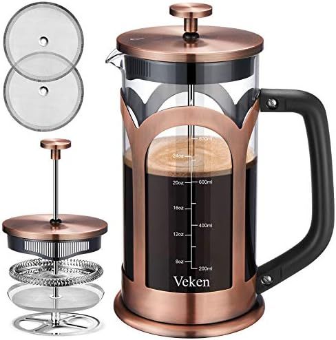 Veken French Press Coffee & Tea Maker, 304 Stainless Steel Heat Resistant Borosilicate Glass Coffee  | Amazon (US)