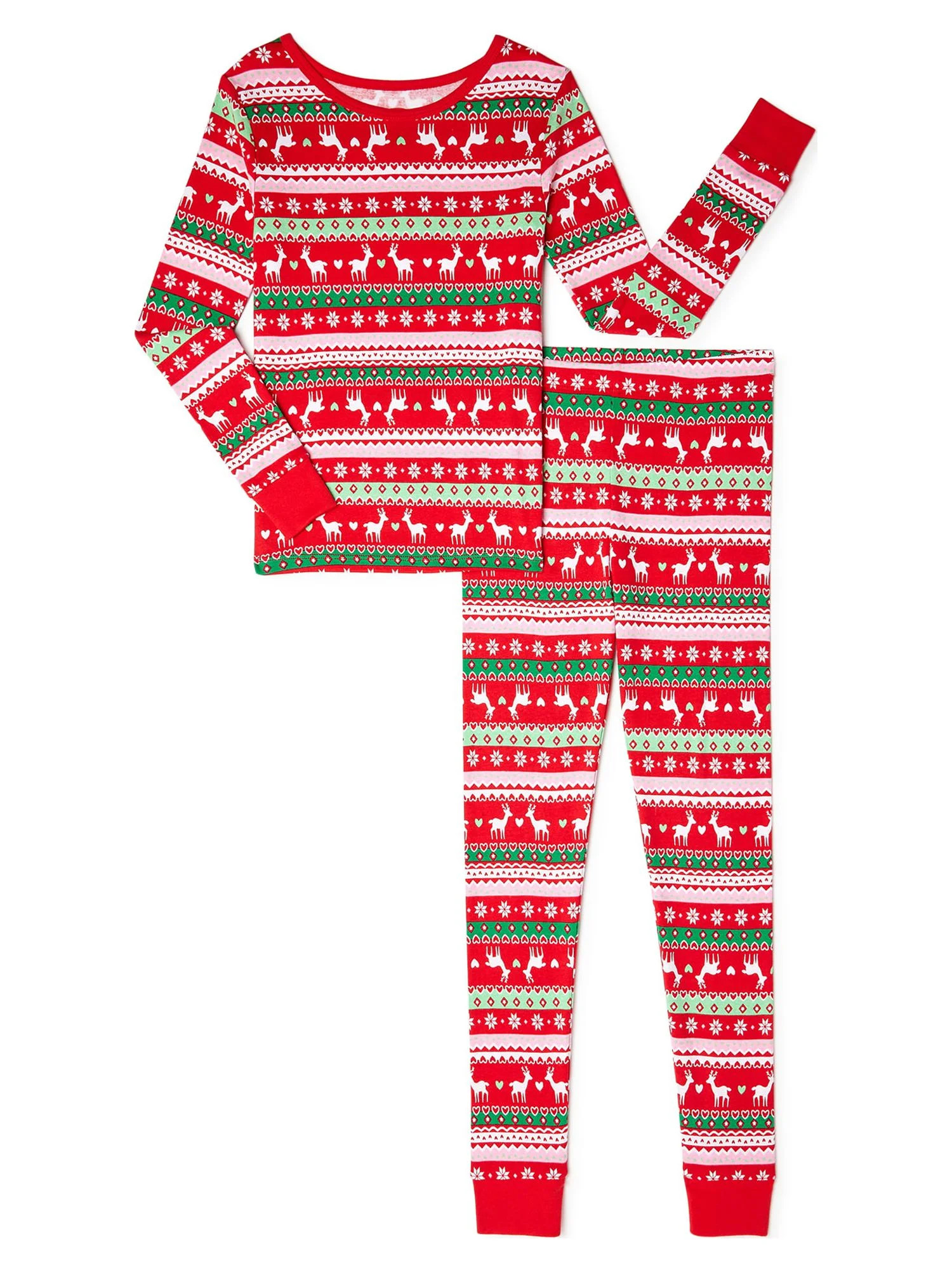 Holiday Time Girls Christmas Cotton Tight Fit Long Sleeve Shirt and Pants Pajama Set, 2-Piece, Si... | Walmart (US)