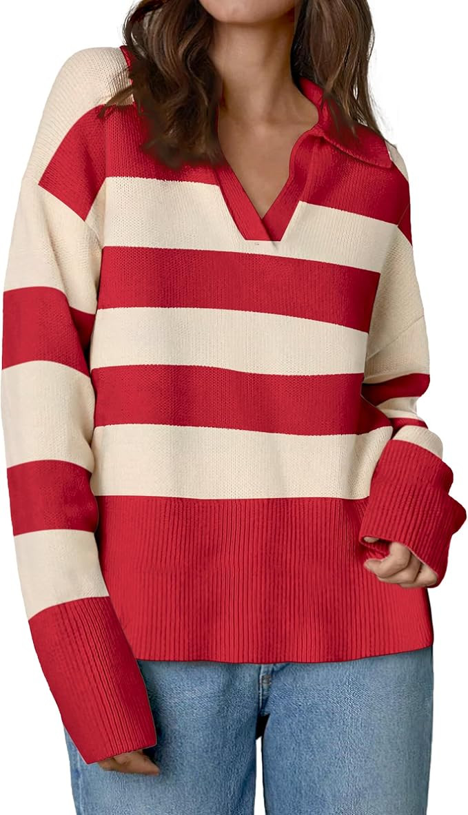 Zeagoo Women's 2024 V Neck Striped Sweater Long Sleeve Oversized Fashion Knitted Pullover Fall Sw... | Amazon (US)