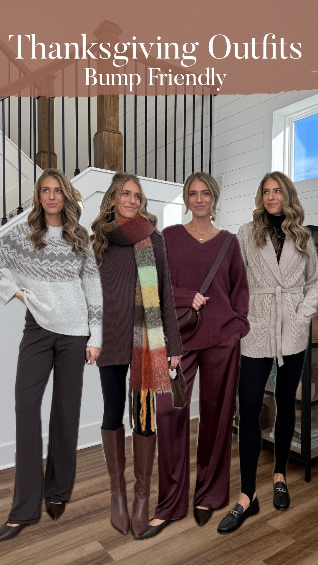 Comfy and bump friendly Thanksgiving outfits that aren’t jeans’! 
I’m pregnant so I ordered up a size in most! 
Sized up to medium tall in stirrup leggings for bump!
Fairisle sweater is sold out from aritzia 
Medium tall in satin pants. If sold out linked similar ones below
Size small tall in leggings
Size small tall in wide leg pants
Small in brown sweater and medium in rest! 

#LTKHoliday #LTKBump #LTKTall