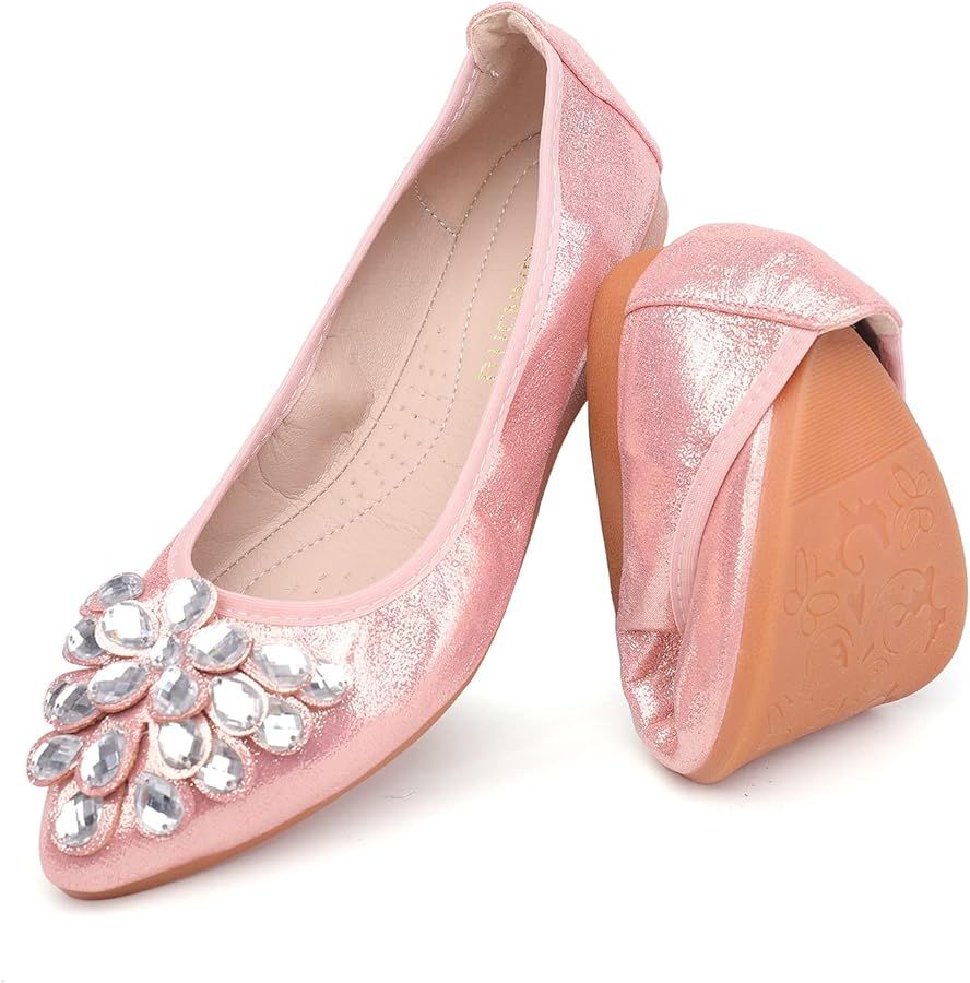 Women Ballet Flats Rhinestone Wedding Ballerina ShoesFoldable Sparkly Comfort Slip on Flat Shoes ... | Amazon (US)