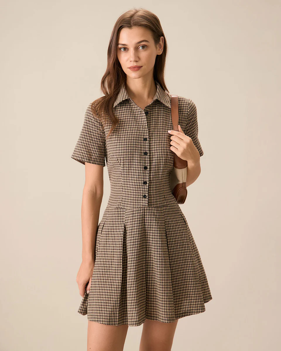 Women's Brown Plaid Lapel Pleated Mini Dress | rihoas.com
