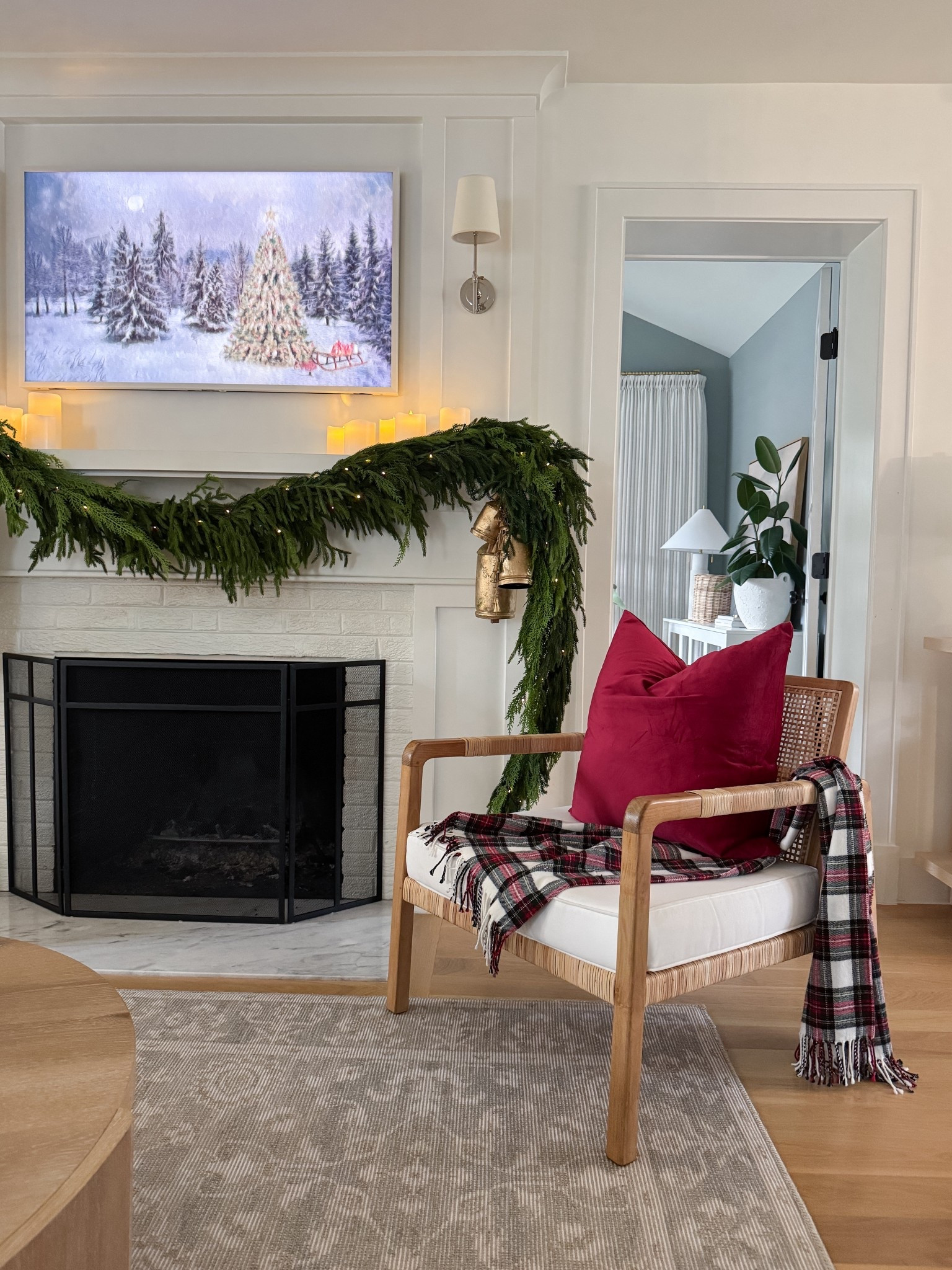 Mantel moments that feel curated and timeless — from the layered textures of the coastal cane chair to this rich red velvet pillow that adds just the right warmth. Each piece feels intentional without the Pottery Barn price tag.



#lookforless #coastaldecor #livingroominspo #homeedit #curatedspaces #affordablefinds #decoronabudget #mantelinspiration #chairstyle #velvetpillow #designfinds