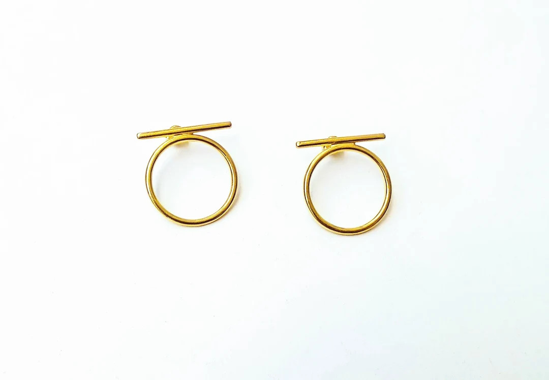 Gold Hoops, Gold Plated Silver Line & Hoop Earrings, Minimalist Hoops, Gift, Gold Circle Stud Ear... | Etsy (US)