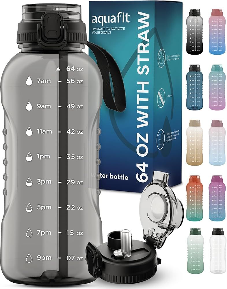 Amazon.com: AQUAFIT 64 oz Water Bottle With Time Marker - 2in1 Straw & Chug Lid - Big Water Bottl... | Amazon (US)