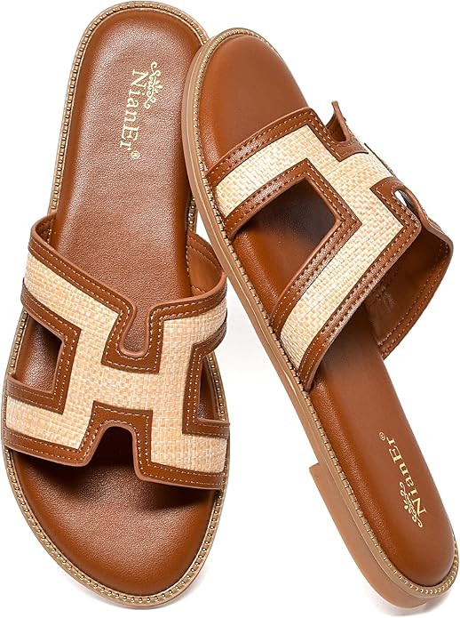 Amazon.com | NianEr Womens Microfiber Leather Memory Foam Support H Sandals Dress Dressy Slip On ... | Amazon (US)