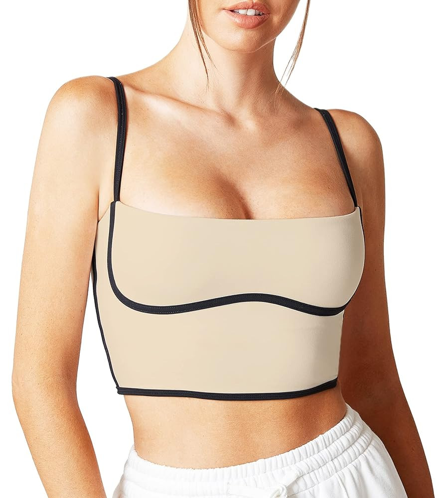 Move With You Sleeveless Spaghetti Strap Padded Sports Bra Tank Tops Square Neck Double Layer Wor... | Amazon (US)