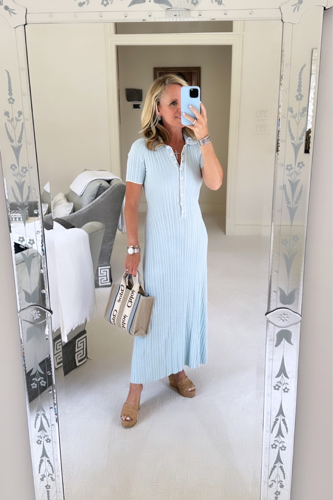 One of my favorite colors in a comfortable and easy to wear classic style  

Light blue ribbed knit cotton maxi dress featuring a polo neckline, contrast trim, and a body-skimming silhouette
Veronica Beard cork wedges 
Chloe mini logo tote 

#LTKstyletip #LTKU #LTKSeasonal