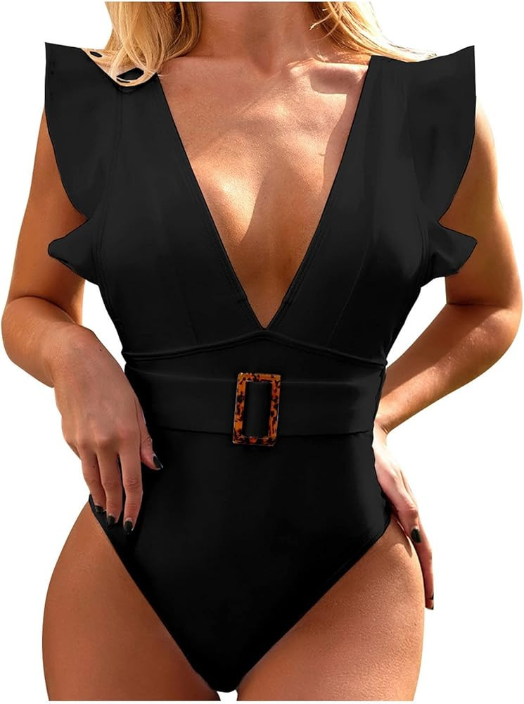 Ruffled One Piece Swimsuit for Women Sexy Deep V Neck High Waisted Bathing Suit Tummy Control Sum... | Amazon (US)