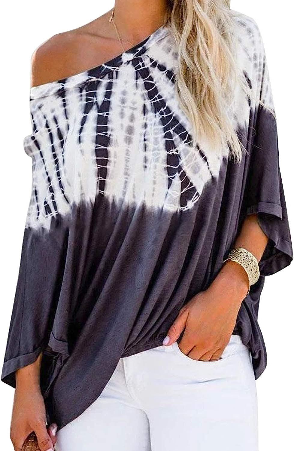 BLENCOT Women's Tie Dye Printed Off Shoulder Tops Loose Flowy Short Sleeve Blouses Shirts | Amazon (US)
