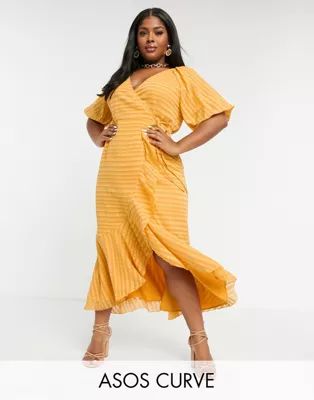 ASOS DESIGN Curve wrap maxi dress in self stripe in mustard | ASOS (Global)