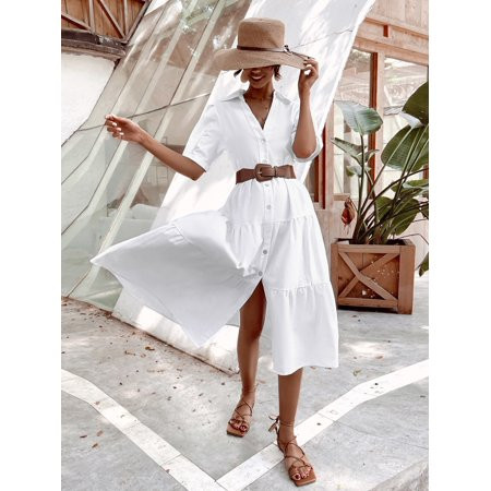 Women s Button Front Ruffle Hem Puff Sleeve Dress Without Belt 52011202W130275 | Walmart (US)