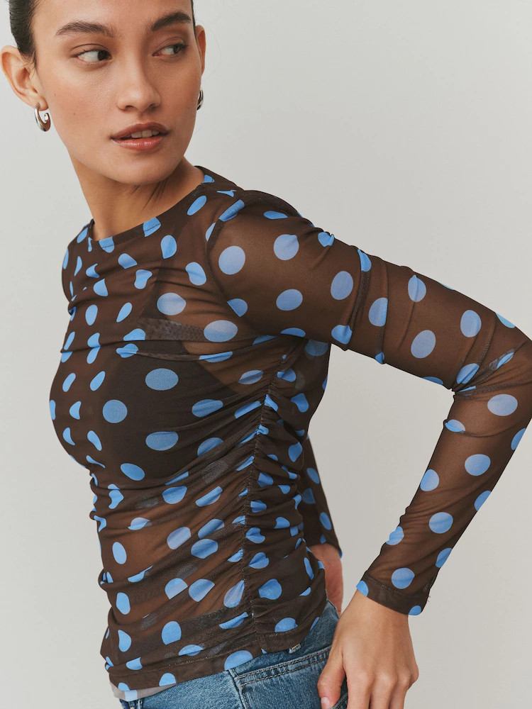 Chocolate Brown/Blue Polka Dot Ruched Long Sleeved Mesh Top | Next EU