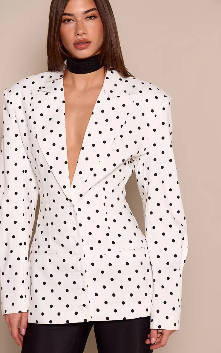 White Polkadot White Polka Dot Lapel Detail Button Down Cinch Waist Blazer | PrettyLittleThing US... | PrettyLittleThing US