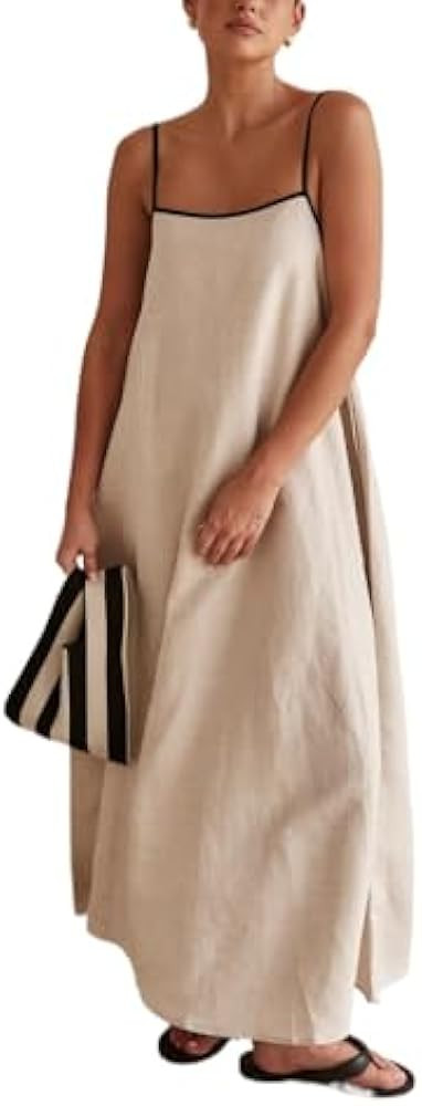 Women's 2025 Summer Sexy Maxi Dress Sleeveless V Neck Color Contrast Hollow Swing Cocktail Party ... | Amazon (US)