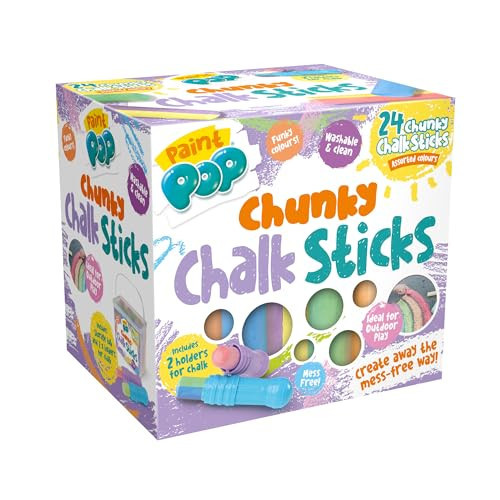 Paint Pop Chunky Chalk Sticks For Kids - 24 Assorted Colours Tub - Ideal for Outdoor Play & Creative Fun - Multiple Surface, Washable & Clean - Includes Storage Tub and 2 Chalk Holders, 3+ Years | Amazon (UK)